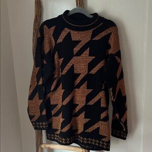 Vintage Black and Copper Bronze Large Houndstooth Print Mock Neck Sweater